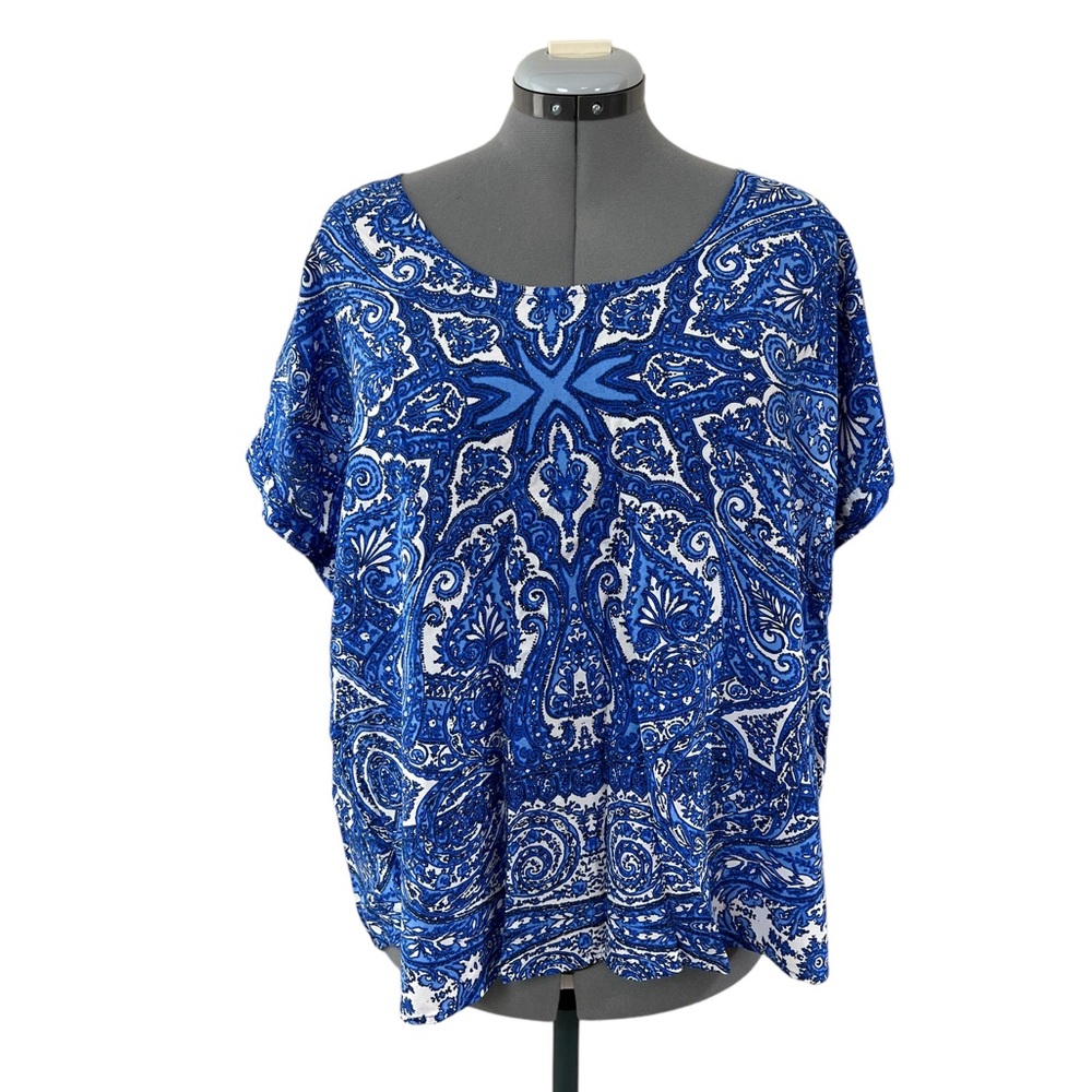 Rose & Thyme Blue/White Paisley Blouse Top Cap Sleeves Womens Size 1X